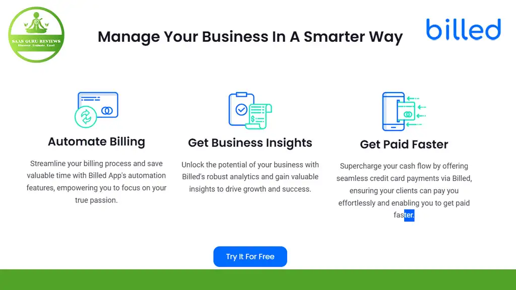 Promotional image for Billed app featuring icons and texts: "Automate Billing," "Easy Invoicing," and "Get Business Insights." Unlock Bill Software to "Get Paid Faster." Includes a "Try It For Free" button at the bottom. Don't miss the Billed Lifetime Deal!