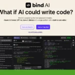 Screenshot of the Bind AI website featuring its code-writing AI models as a powerful Code Alternative. Includes options for chatting with Bind AI or starting a free trial, with an integrated code editor displayed below.