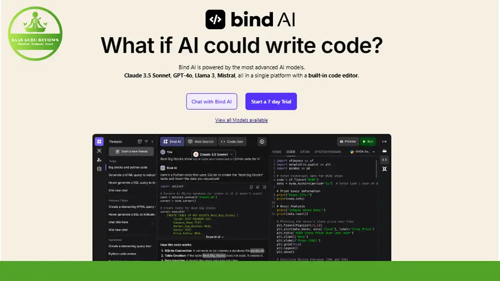 Screenshot of the Bind AI website featuring its code-writing AI models as a powerful Code Alternative. Includes options for chatting with Bind AI or starting a free trial, with an integrated code editor displayed below.