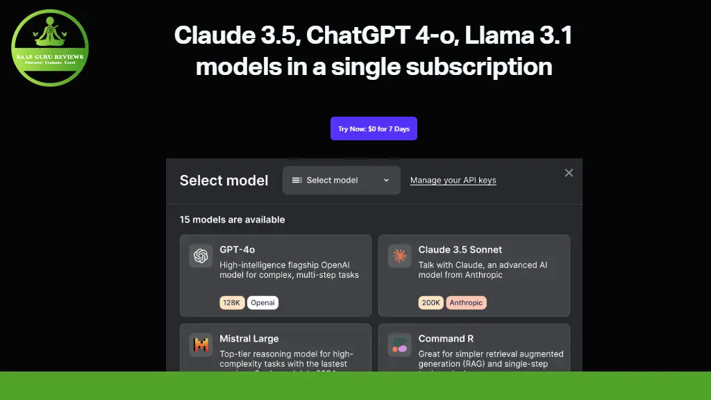 Screenshot of a webpage offering an AI Copilot subscription for models Claude 3.5, ChatGPT 4-o, and Llama 3.1. A "Try Now for 7 Days" button is visible, providing an enticing entry point for those seeking a Code Alternative.
