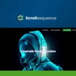 A webpage titled "ScrollSequence" displays a 3D-rendered figure in futuristic attire alongside the text "Cinematic Scroll Animation." The top-left corner features a green circular logo with "A.A.S. Car Reviews," emphasizing stunning image sequences for an immersive experience.