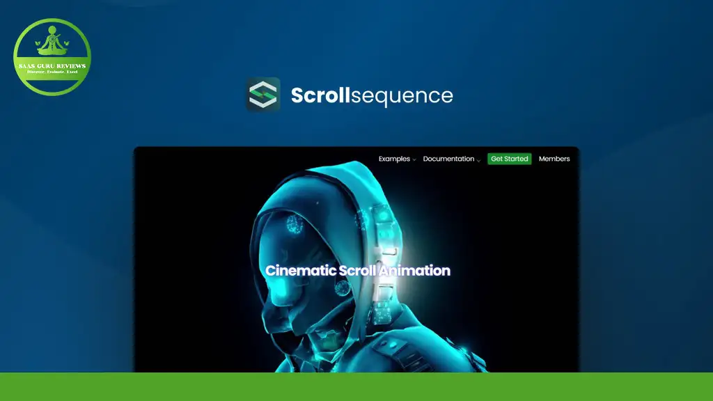 A webpage titled "ScrollSequence" displays a 3D-rendered figure in futuristic attire alongside the text "Cinematic Scroll Animation." The top-left corner features a green circular logo with "A.A.S. Car Reviews," emphasizing stunning image sequences for an immersive experience.
