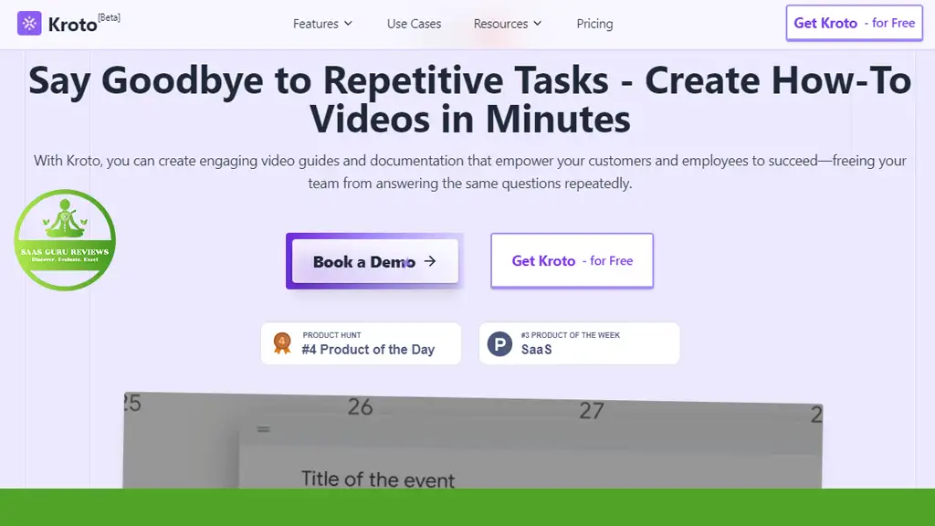 Screenshot of the professional Kroto website offering a service to create AI videos, featuring options to book a demo or get the service for free. Includes a "#4 Product of the Day" badge.