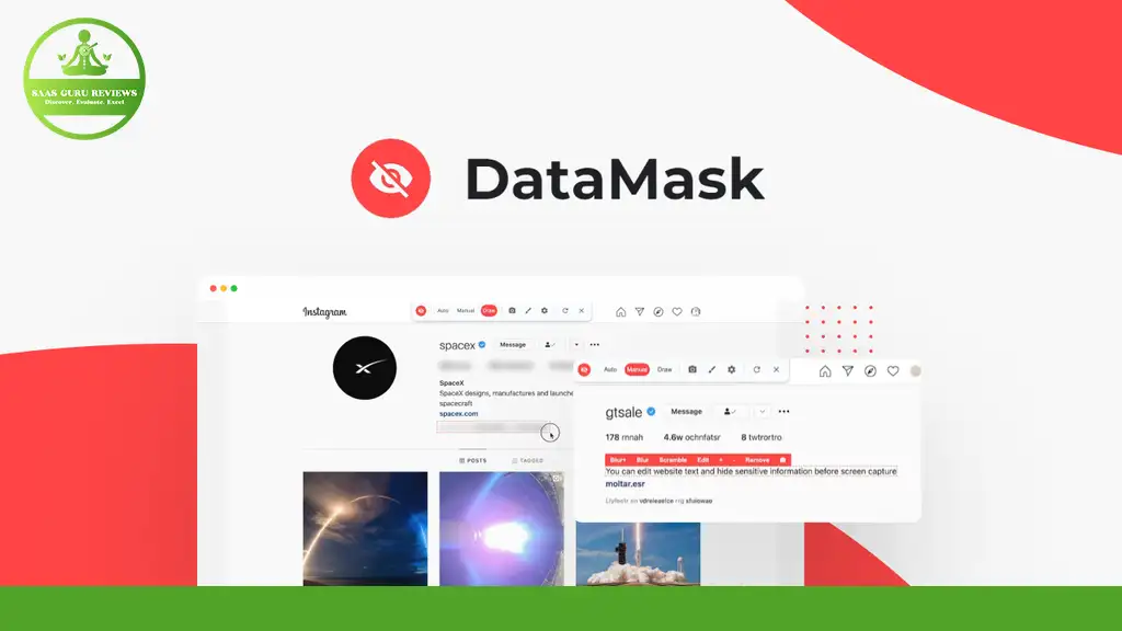 Image showing the DataMask logo with sample screenshots of social media posts, demonstrating the ultimate applications of the DataMask tool in protecting social media content—a testament to its effectiveness as highlighted in multiple DataMask reviews.