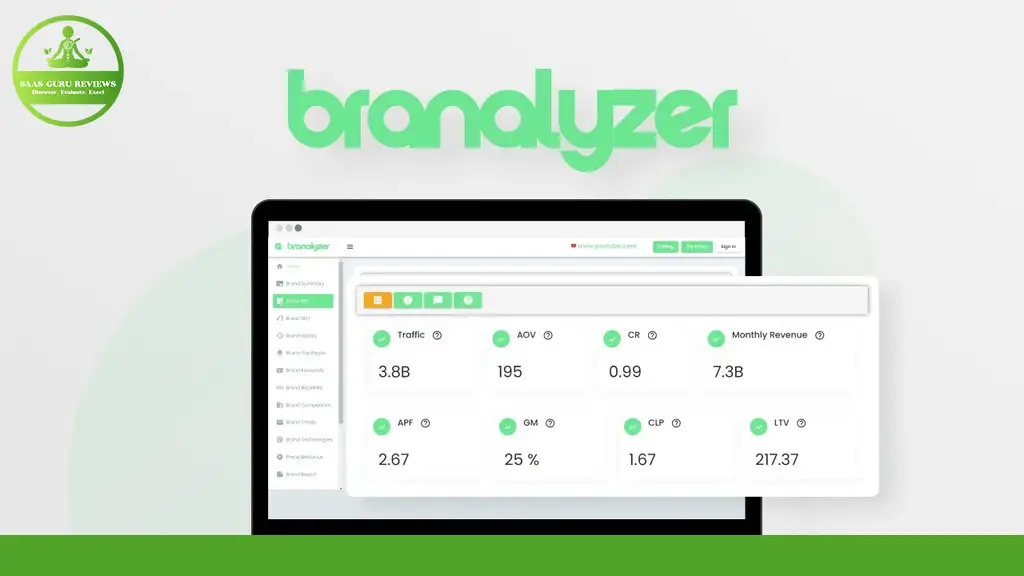 Laptop displaying Brandlyzer dashboard with metrics on traffic, revenue, and other business data for agencies. Branding and logo included.