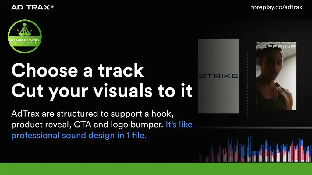 Illustration with text: "Choose a track, cut your visuals to it." Showcases AdTrax branding, waveform graphics, and album cover images—a tool for success in the music market.