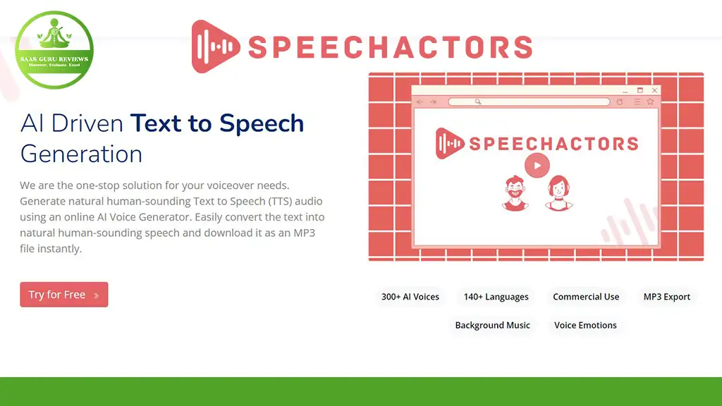 Discover the Speechactors webpage in this screenshot, highlighting AI Voiceovers that transform text-to-speech with 300+ voices and 140+ languages. Enjoy features like MP3 export, background music, and voice emotions. Don't miss out on their exclusive Lifetime Deal for endless possibilities.