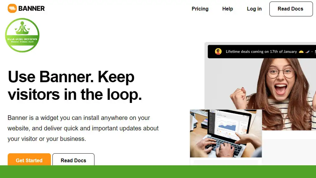 Website interface for Banner Widget with tagline: "Use Banner. Keep visitors in the loop." Features images of a woman and a laptop displaying graphs. Includes buttons for "Get Started" and "Read Docs." Experience the ultimate in visitor engagement with our intuitive tools.