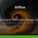 Diffus homepage showcases a swirling vortex design with the text "Your First Stable Diffusion Image Generator," emphasizing precision image generation for creative control.