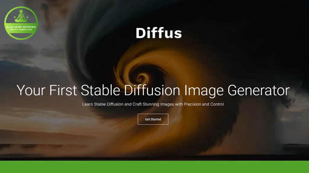 Diffus homepage showcases a swirling vortex design with the text "Your First Stable Diffusion Image Generator," emphasizing precision image generation for creative control.