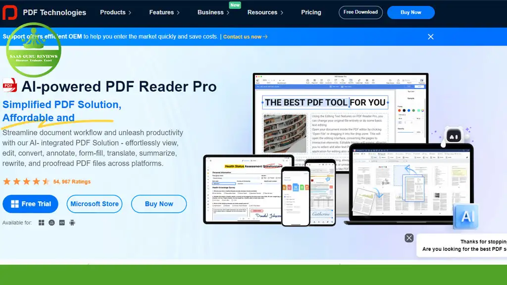 The PDF Technologies website showcases the AI-powered PDF Reader Pro, offering simplified PDF solutions across devices like phones, tablets, and computers. Highlights include a free trial and purchasing options on the Microsoft Store, making it an essential PDF Editor tool for all users.