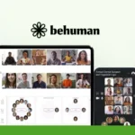 Screens of a virtual meeting platform display multiple participants in video calls, with a logo reading "BeHuman.Online" prominently above the screens.