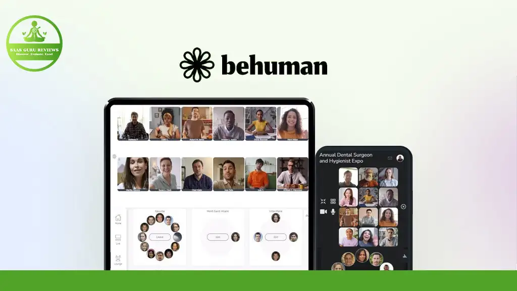 Screens of a virtual meeting platform display multiple participants in video calls, with a logo reading "BeHuman.Online" prominently above the screens.
