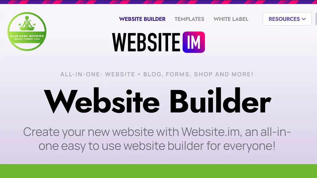 Create stunning sites with Website.im, the easy-to-use website builder accessible to everyone. The homepage features a green logo in the top left corner, inviting you to start your new website journey today.