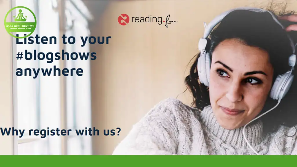 Woman wearing headphones, smiling slightly, with text overlay: "Read & Listen to your #blogshows anywhere. Why register with us?" Logos of SAS GRID REVIEWS and Reading.fm visible.