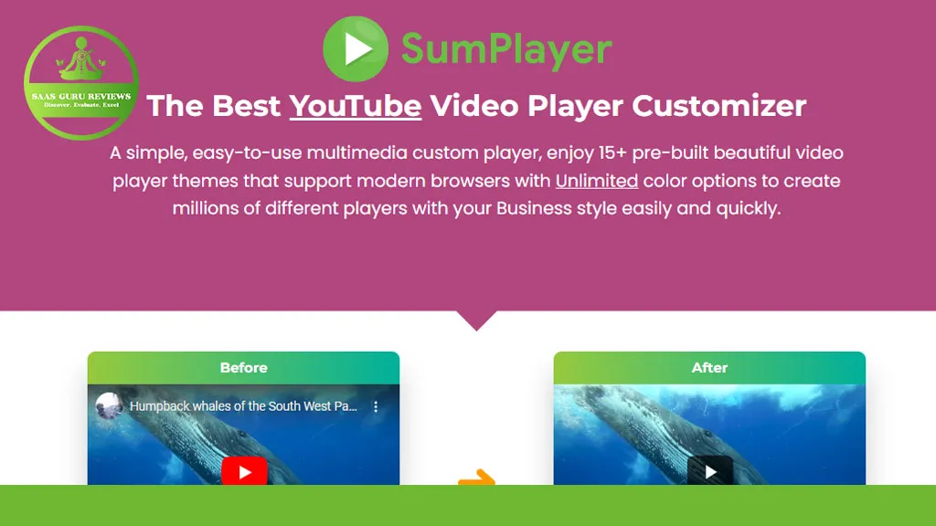 Promo image for SumPlayer, highlighting customizable video player features with a green "play" button and review badge at the top left. Discover the ultimate flexibility with our Embed Video Player option. Don't miss the SumPlayer Lifetime Deal!