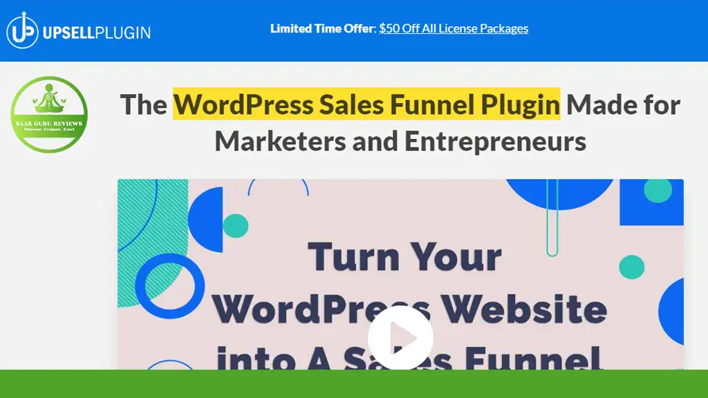 Promotional image for a WordPress Sales Funnel Plugin, spotlighting a limited time offer of $50 off all license packages. Perfect for marketers and entrepreneurs eager to boost conversions with an effective upsell plugin.