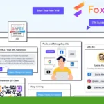 Illustration of a webpage highlighting features like URL shortening, link bio, and pixel retargeting. A person on a laptop explores these tools using Foxly, the leading URL shortener renowned for its efficiency and effectiveness.