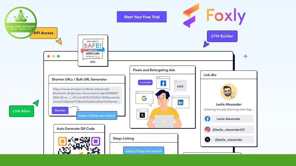 Illustration of a webpage highlighting features like URL shortening, link bio, and pixel retargeting. A person on a laptop explores these tools using Foxly, the leading URL shortener renowned for its efficiency and effectiveness.