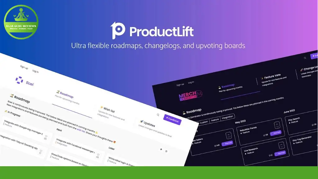 ProductLift advertisement featuring ultra-flexible roadmaps, changelogs, and upvoting boards, all designed to enhance product management. With a vibrant green and purple color scheme, it seamlessly integrates feedback from expert reviews to optimize your success path.