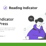 Promotional image for a WordPress plugin called "Reading Indicator" featuring an illustration of a person on a laptop. Includes buttons for purchasing and accessing plugin settings, highlighting how the progress bar boosts engagement by showing readers their reading status.
