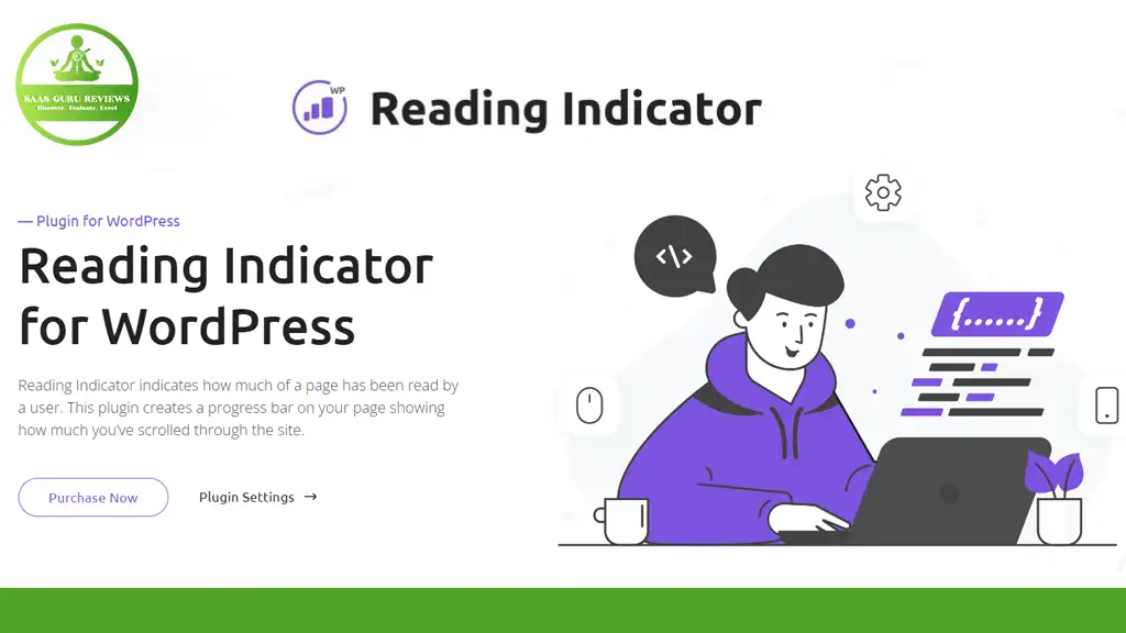 Promotional image for a WordPress plugin called "Reading Indicator" featuring an illustration of a person on a laptop. Includes buttons for purchasing and accessing plugin settings, highlighting how the progress bar boosts engagement by showing readers their reading status.