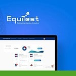 A computer screen displaying the Equitest application dashboard against a blue background with the Equitest logo and tagline: "Calculate. Equate. Valuate!" at the top. The screen showcases an intuitive online valuation platform known for its precise pricing & ratings capabilities.