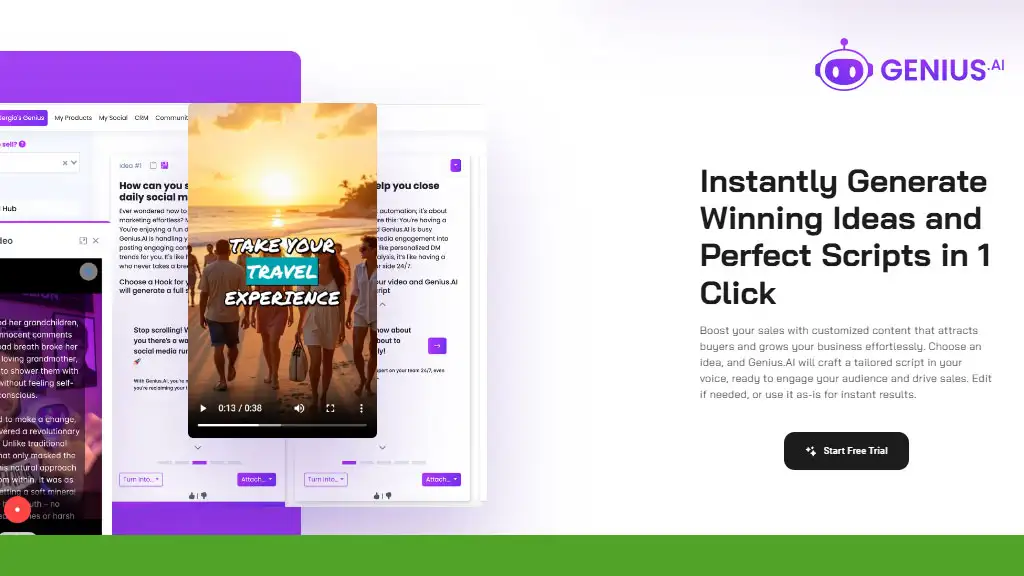 Promotional image for Genius.ai showcasing a sleek digital interface with the text: "Instantly Generate Winning Ideas, Perfect Scripts, and Stunning AI Images in 1 Click.