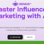 Promotional image for Genius.ai, offering a trial and contact option. Text reads "Master Influencer Marketing with AI" and highlights using AI Image Generation to boost product and service sales growth.