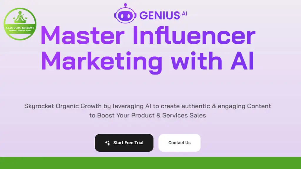 Promotional image for Genius.ai, offering a trial and contact option. Text reads "Master Influencer Marketing with AI" and highlights using AI Image Generation to boost product and service sales growth.