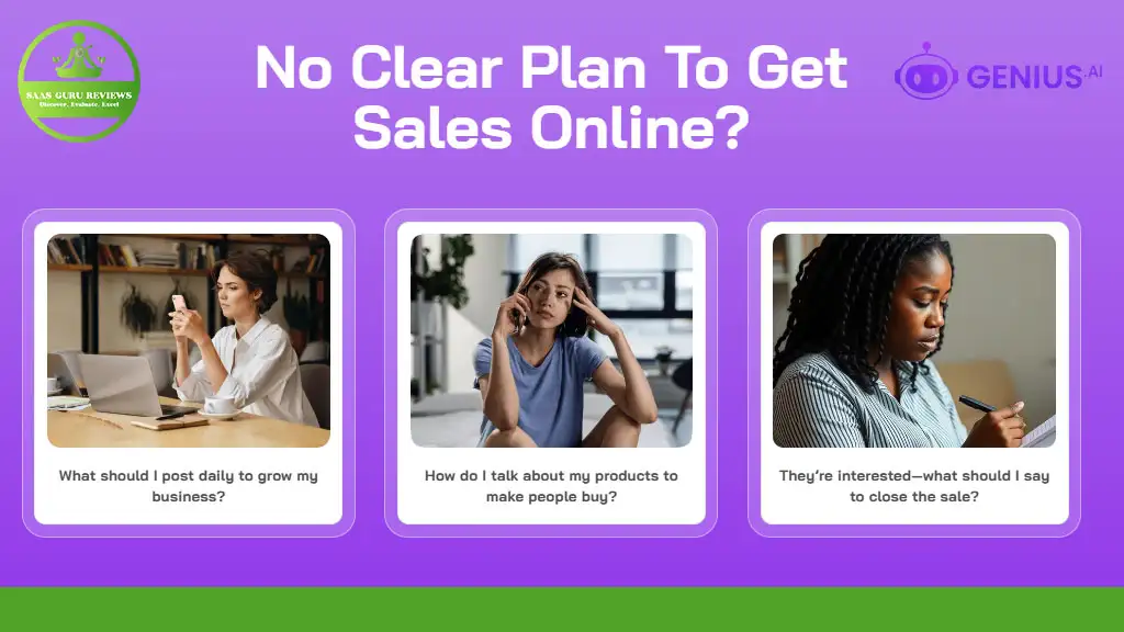 Three images of people thinking, each with a caption about online sales strategies powered by Genius.ai. The green and purple color scheme, paired with logos, adds a modern touch.