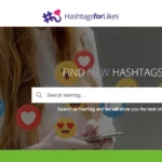 A woman types on her laptop as a search bar displays "Find New Hashtags" on the HashtagsforLikes website. Various social media icons, including Instagram, appear in the background, highlighting the powerful hashtag tool at her fingertips.