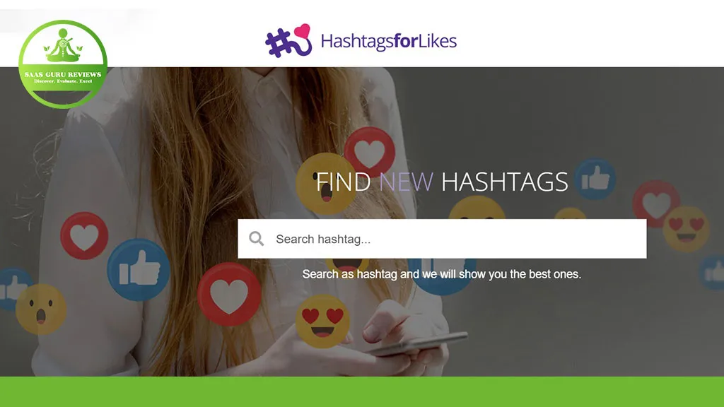 A woman types on her laptop as a search bar displays "Find New Hashtags" on the HashtagsforLikes website. Various social media icons, including Instagram, appear in the background, highlighting the powerful hashtag tool at her fingertips.