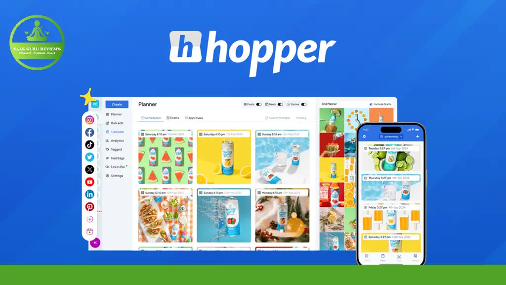 A digital screen showcases Hopper HQ 2024's interface with planner, Instagram Scheduling, and social media features, alongside a smartphone displaying a similar view to enhance LinkedIn Scheduling.