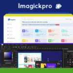 Screenshot of the ImagickPro 2024 app interface showcasing a vibrant navigation menu, advanced editing tools, and diverse project options on a colorful background.