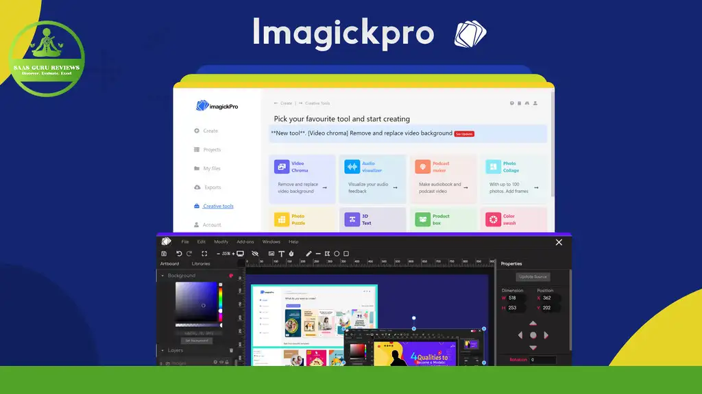 Screenshot of the ImagickPro 2024 app interface showcasing a vibrant navigation menu, advanced editing tools, and diverse project options on a colorful background.