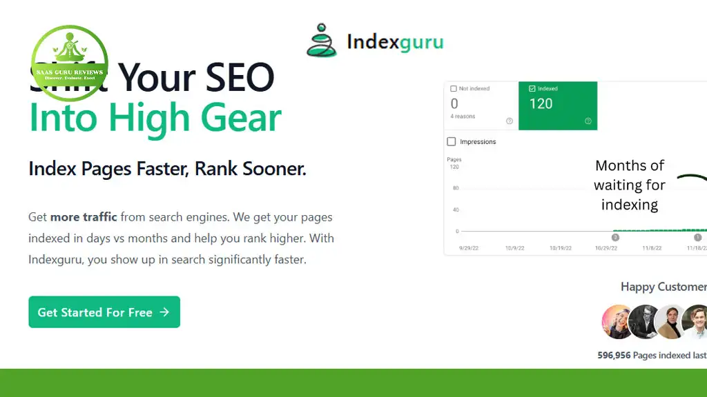 Promotional ad for Indexguru showcasing the benefits of SEO optimization, including faster Google indexing and improved search engine rankings to boost your traffic. Click "Get Started For Free" to elevate your online presence today!