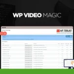 Screenshot of the WP Video Magic dashboard, a feature-rich video hosting plugin for WordPress. The interface showcases a list of video settings and options against a backdrop of a dark cityscape.