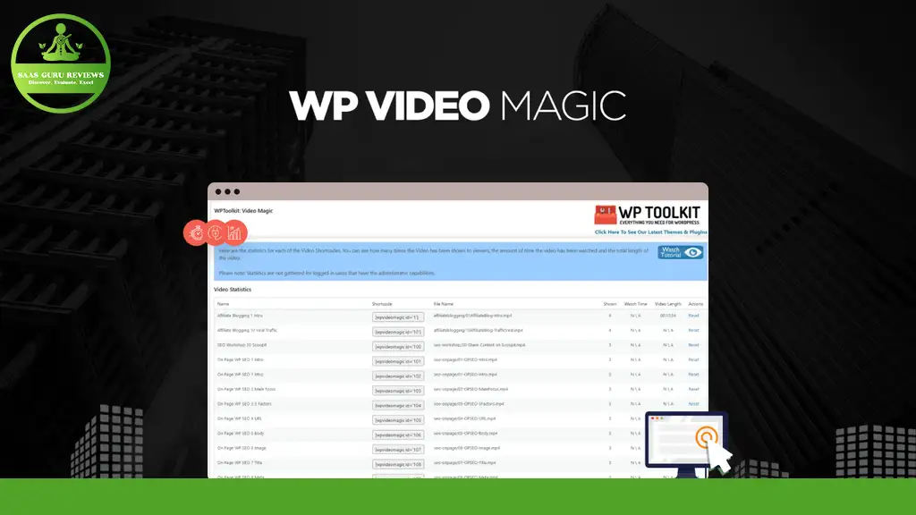 Screenshot of the WP Video Magic dashboard, a feature-rich video hosting plugin for WordPress. The interface showcases a list of video settings and options against a backdrop of a dark cityscape.