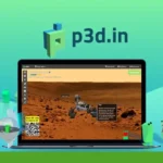 Screenshot of an Interactive 3D model viewer website, displaying a robotic vehicle on a Martian landscape on a laptop screen. Logo "p3d.in" appears above, with green robotic figures and award emblem nearby.