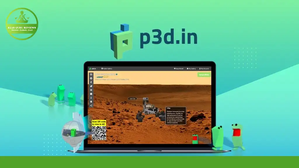 Screenshot of an Interactive 3D model viewer website, displaying a robotic vehicle on a Martian landscape on a laptop screen. Logo "p3d.in" appears above, with green robotic figures and award emblem nearby.