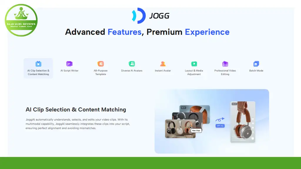 Screenshot of JOGG's web page showcasing features like AI Clip Selection, Script Writer, Avatars, Media Layout, Video Editing, and Batch Mode. The site offers a Lifetime Deal on innovative tools perfect for creating compelling video ads, all nestled under the sleek JoggAI logo and descriptive text.
