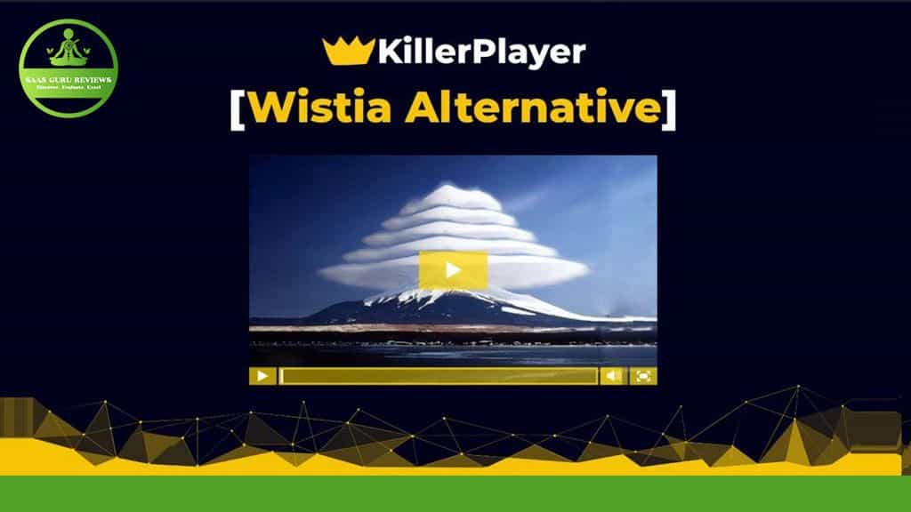 A video player interface branded as "KillerPlayer" with the title "Wistia Alternative," displayed on a dark background. The video thumbnail shows a mountain with a cloud formation above it, highlighting the ultimate deal for those seeking a custom YouTube player experience.