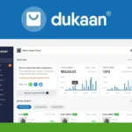 A screenshot of the Dukaan app interface showcases ecommerce prowess with detailed sales analytics, store views, and orders. The sleek blue background highlights graphs and statistics, making it easy to review your store's performance at a glance.