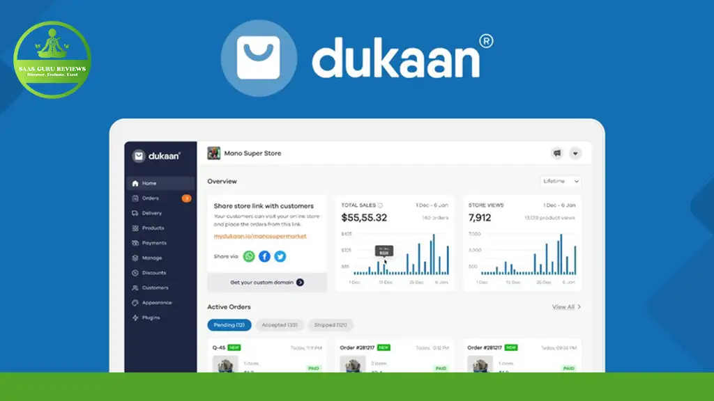 A screenshot of the Dukaan app interface showcases ecommerce prowess with detailed sales analytics, store views, and orders. The sleek blue background highlights graphs and statistics, making it easy to review your store's performance at a glance.