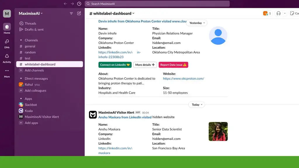 A screenshot of a Slack interface displays user profiles, including names, job titles, locations, and company details for Devin and Akash. With options to connect and visit websites, maximise AI insights on website visitors through a special Lifetime Deal offer.