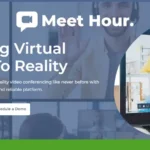 Discover the top-rated Meet Hour app, revolutionizing virtual conferences. Join a seamless video meeting experience with options to "Try now, it's Free" and "Schedule a Demo.