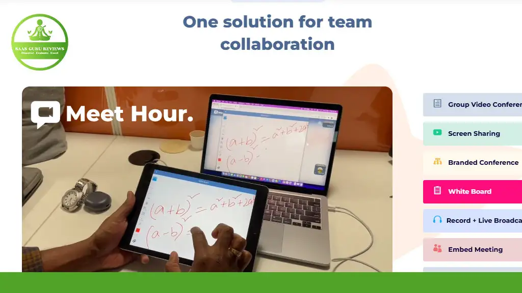 A person is using a tablet for a video call, utilizing the Meet Hour App's whiteboard feature to display mathematical equations during virtual conferences.