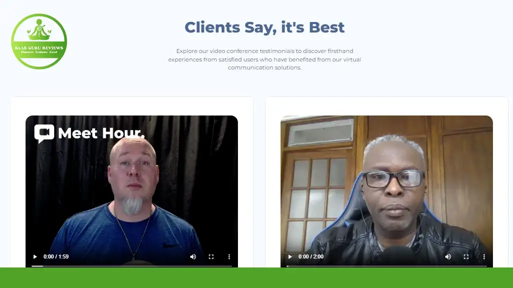 Two video conference testimonials with male participants highlight the effectiveness of the Meet Hour App on a webpage promoting cutting-edge communication solutions.