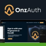 A collage showcasing OnzAuth's branding and website interface. Highlights include the logo, log-in screen with FaceID Login and Fingerprint Login options, a pricing page, and code implementation examples, all emphasizing 100% security.